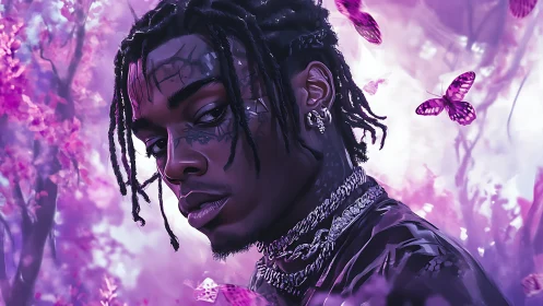 Digital portrait of man with tattoos in violet forest setting.