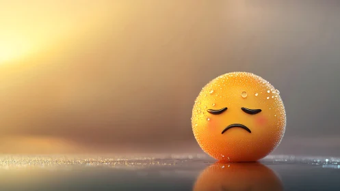 Sad yellow emoticon sphere rests on reflective wet surface