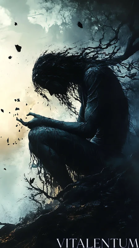 Silhouetted figure of organic debris forms seated on rocky ground