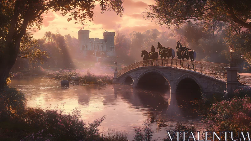 Sunlit carriage crossing an arched bridge toward distant castle