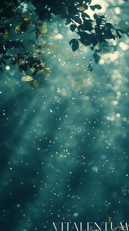 Gentle forest light catching drifting dust and falling leaves.