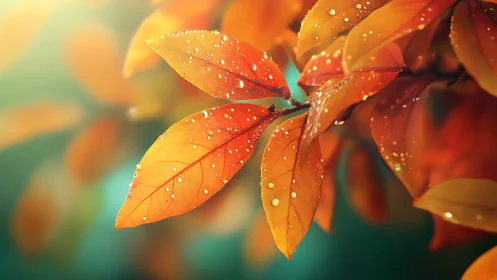 Autumn foliage macro with dewdrops in warm backlight.