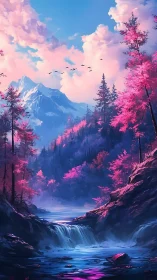 Neon dusk forest frames crystal falls beneath peaks.