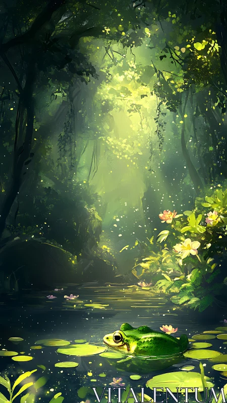 Emerald frog resting on lily pads in glowing forest pond.