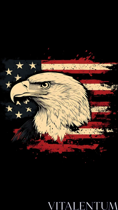 Bald eagle portrait over distressed American flag field.