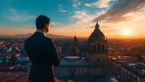 Photorealistic cityscape with suited figure at sunset vantage.