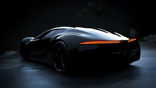 Sleek black sports car glowing softly in the night street.