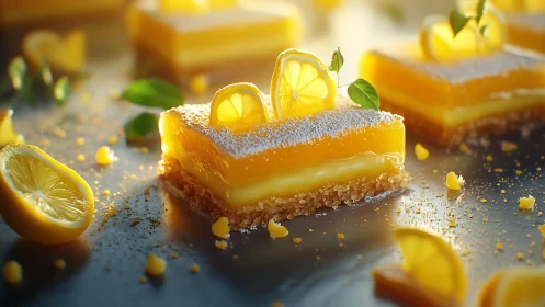 Lemon dessert bars in shallow depth with glossy citrus glaze.