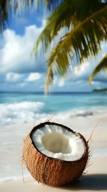 Coconut Shell Split Open on Sandy Beach with Tropical Water and Sky