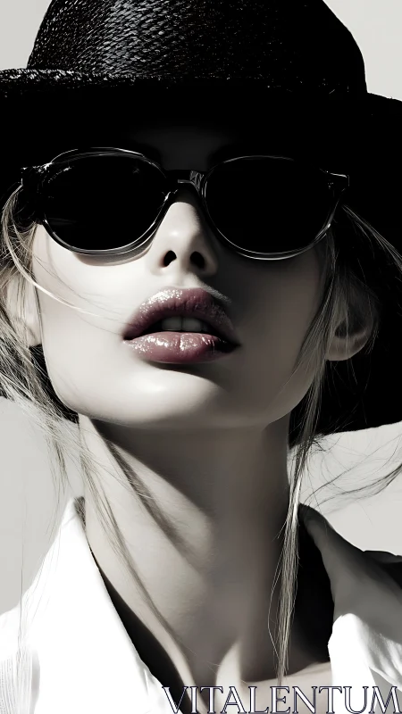High-contrast fashion portrait with hat, sunglasses, glossy lips