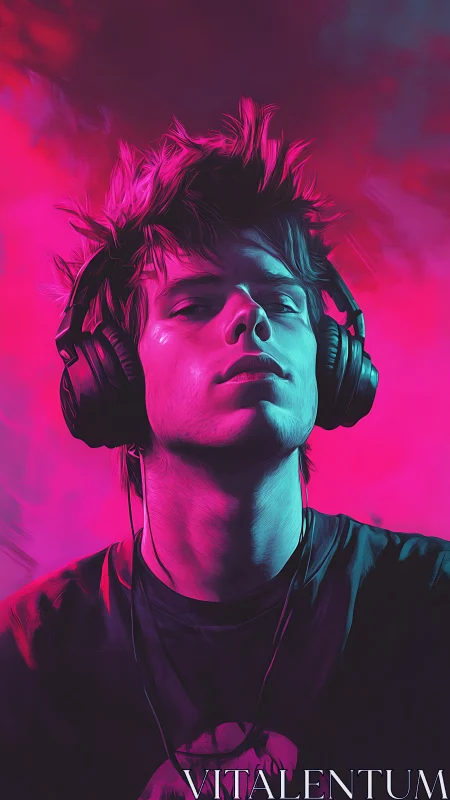 Neon-lit listener immersed in music under vivid pink sky