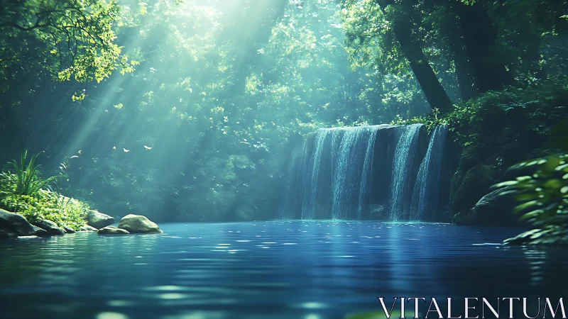 Luminous Waterfall Sanctuary: Volumetric Light Through Forest Canopy.