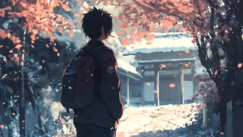 Solitary student in courtyard under autumn foliage at dusk.