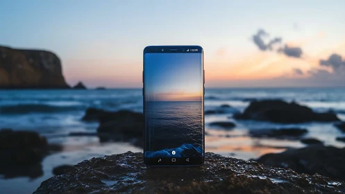 Smartphone Display Sunset Seascape: Coastal Rocky Composition