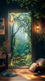 Digital painting of doorway garden vista with ambient light balance.