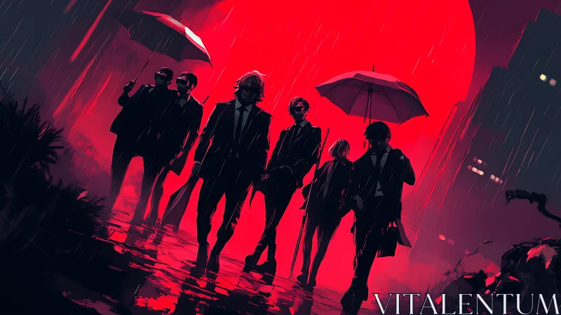 Rain soaked suit clad silhouettes under colossal red moon