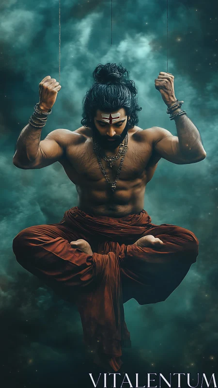 Muscular robed figure levitates against teal atmospheric background