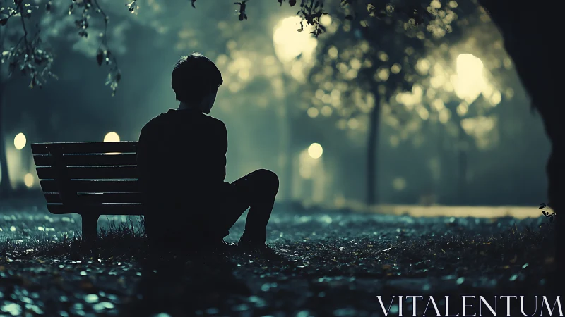 Solitary boy in misty park glow, wrapped in quiet blue night.
