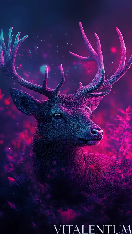 Neon-lit stag portrait rendered with high-contrast digital lighting