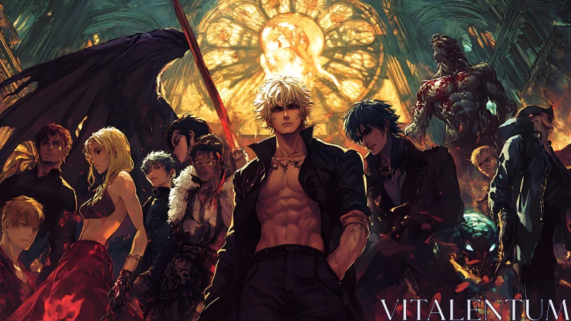 Infernal cathedral vanguard under stained-glass solar flare.