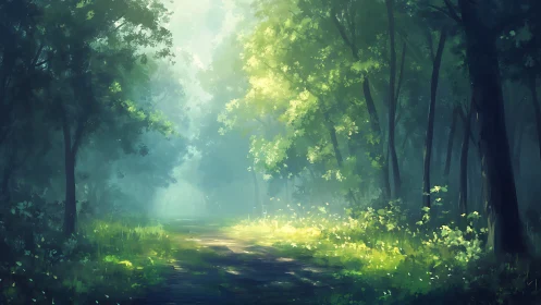 Luminous forest pathway with ethereal sunlight filtering through verdant canopy