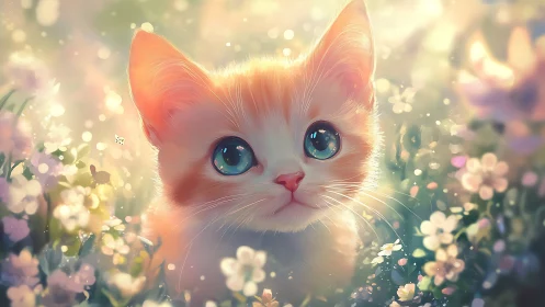 Luminous Cat with Turquoise Eyes Amid Blooming Flowers.
