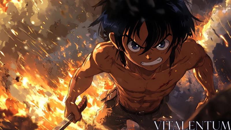 Bare-chested anime warrior charges through blazing battlefield.