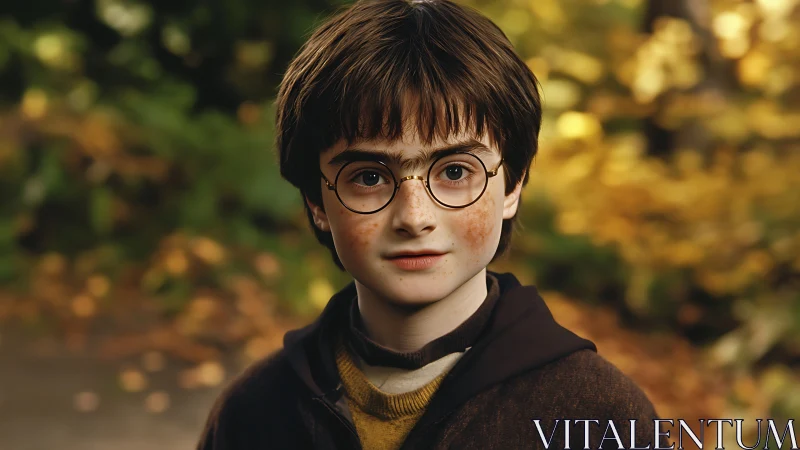 Young bespectacled dreamer in glowing autumn woodland.