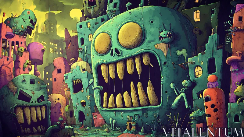 Surreal urban scene depicts anthropomorphic skull-like buildings