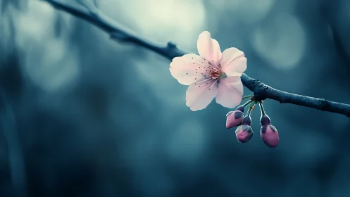 Delicate Blossom with Berries on Branch in Cool Tones