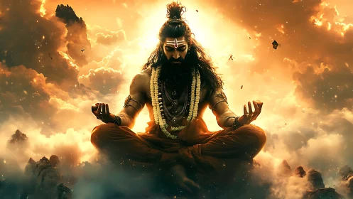 Digital painting of divine yogi in luminous aerial composition.