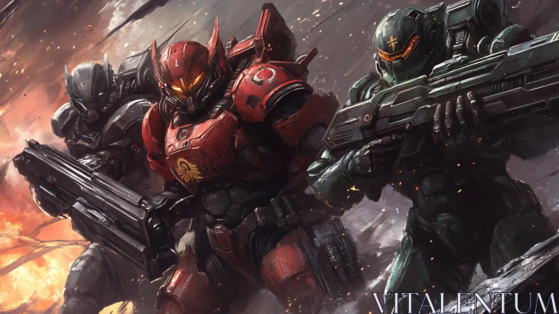 Armored sci fi soldiers advancing through combat zone.