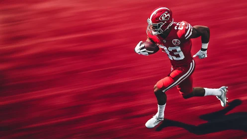 Football player sprints across vivid red motion field.