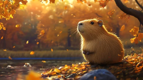 Golden guinea pig by riverbank in soft autumn light.