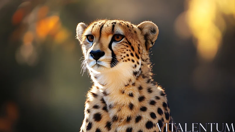 Cheetah portrait under golden light with soft bokeh background.
