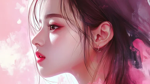 Side-lit digital portrait of young woman in rosy hues.