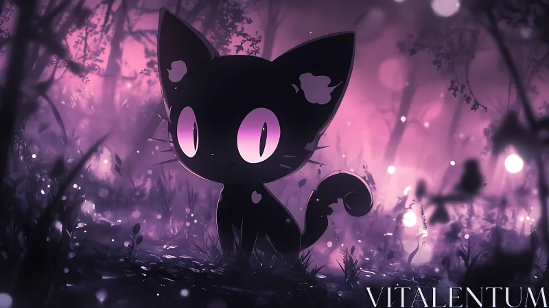 Cartoon black cat stands in glowing purple forest scene