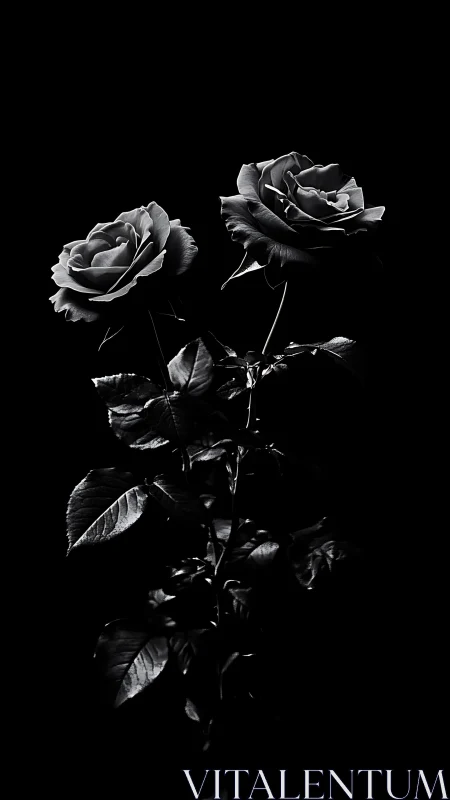 Two roses photographed in monochrome against black background