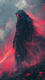 Hooded sci fi warrior with red energy blade in smoke.
