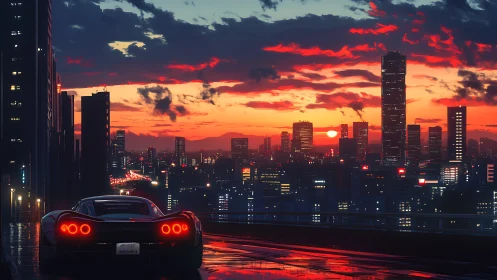 Low-angle sports car silhouette overlooking neon-lit sunset city