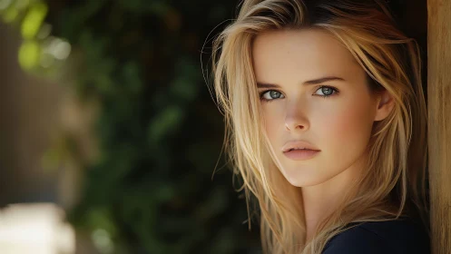 Blonde woman gazes toward camera in soft outdoor daylight