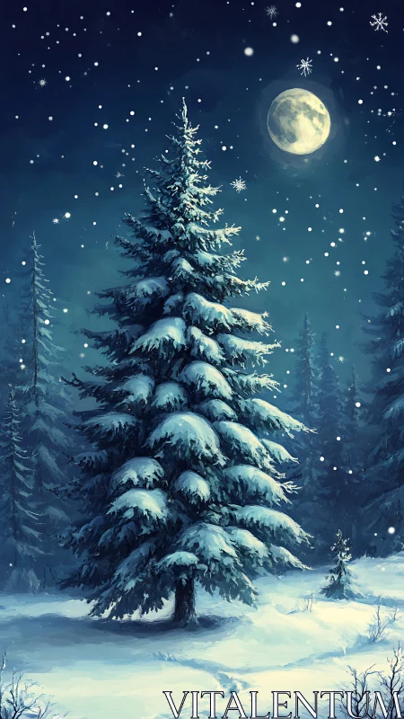 Moonlit pine listening to softly falling winter snow.