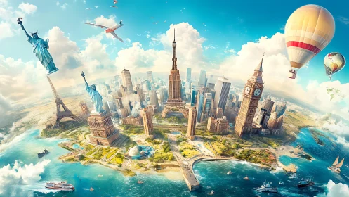 Global landmark island cityscape with aerial travel elements