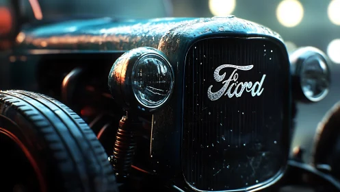 Rain-kissed vintage Fiord grill under neon drizzle glow.