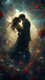 Luminescent Couple Embraced Within Ethereal Floral Suspension.