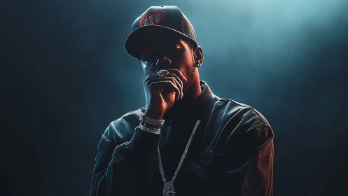 Moody hip hop portrait with dramatic teal rim lighting.