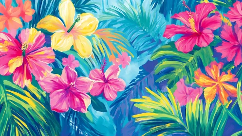 Tropical Floral Composition with Saturated Botanical Elements.