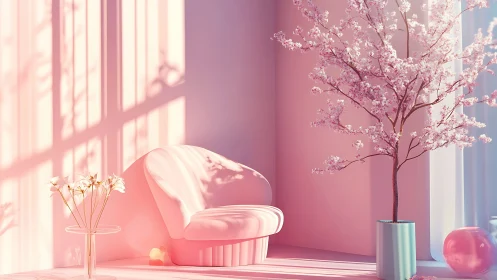 Soft pink reading corner glows with gentle cherry blossoms