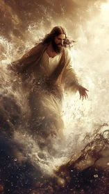 Radiant messianic figure strides through stormlit, roaring sea.