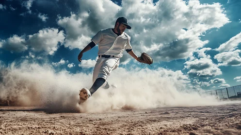 Dynamic baseball infielder sprinting through desert dust storm.